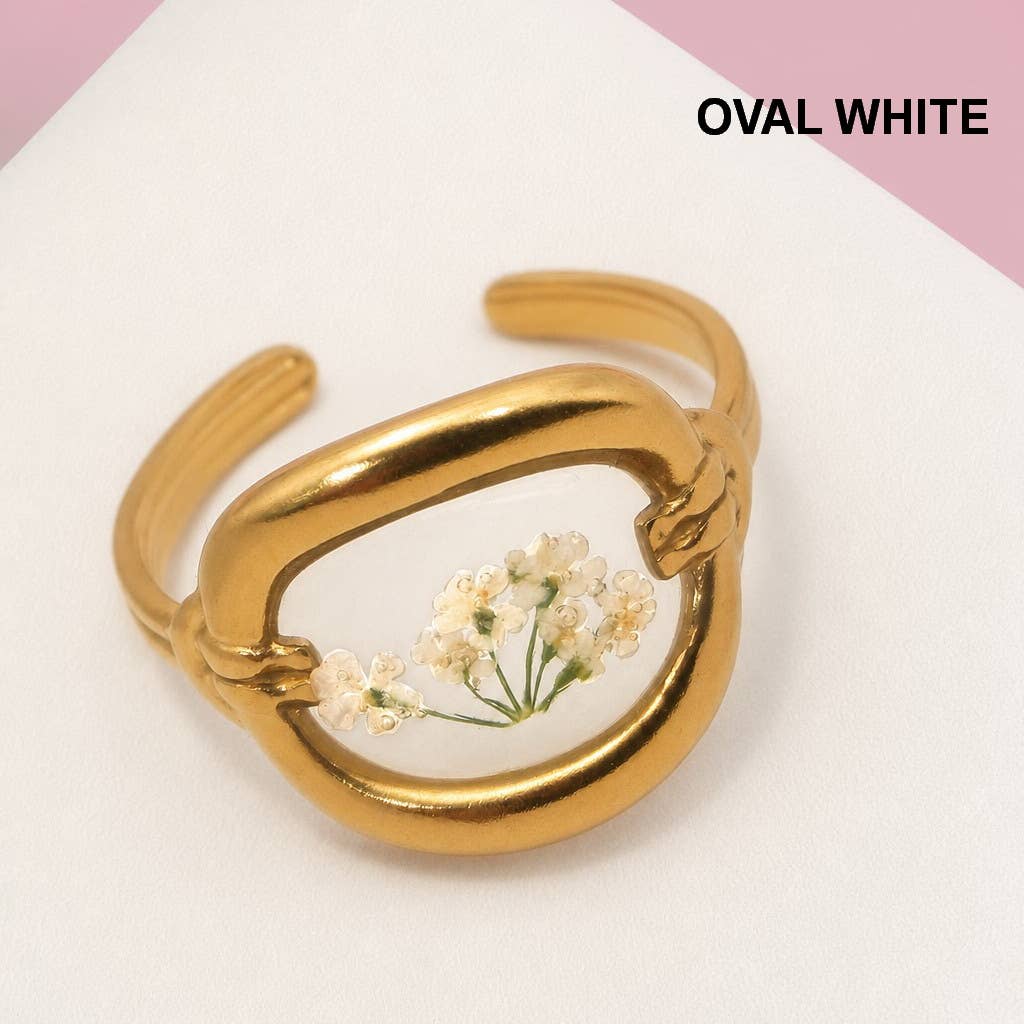 18K STAINLESS STEEL TARNISH FREE FLORAL RINGS | 40R104: OVAL WHITE