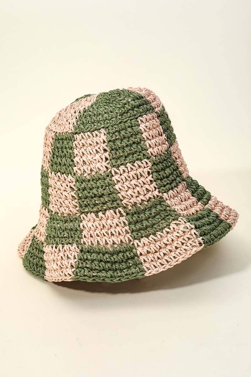 Straw Braided Checkered Bucket Hat: OR