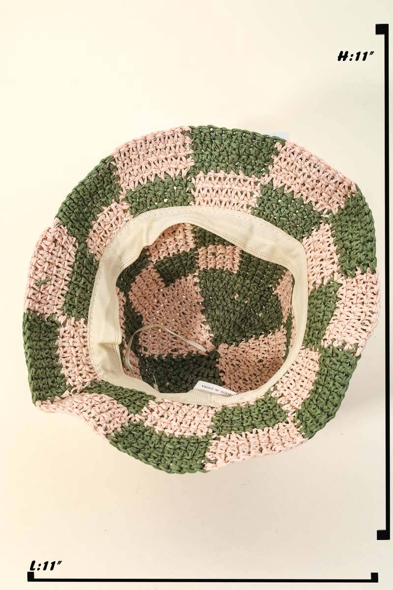 Straw Braided Checkered Bucket Hat: OR