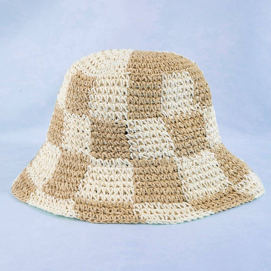 Straw Braided Checkered Bucket Hat: IV
