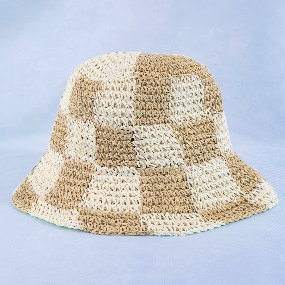 Straw Braided Checkered Bucket Hat: BW