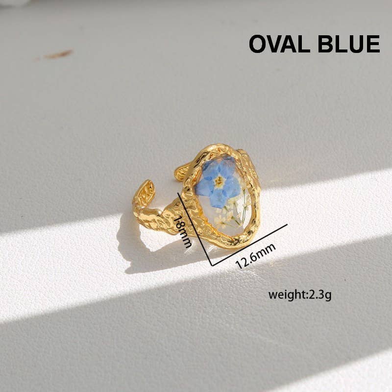 18K STAINLESS STEEL TARNISH FREE FLORAL RINGS | 40R104: OVAL BLUE
