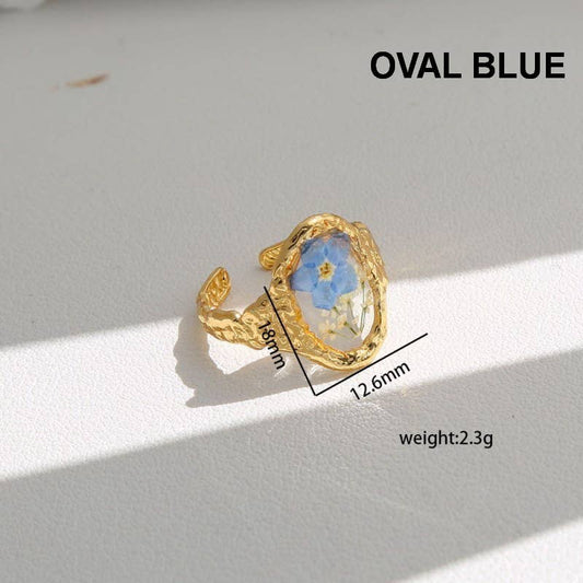 18K STAINLESS STEEL TARNISH FREE FLORAL RINGS | 40R104: OVAL BLUE