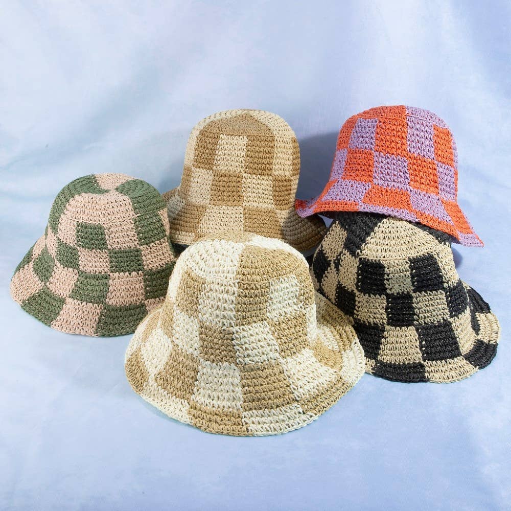 Straw Braided Checkered Bucket Hat: BW