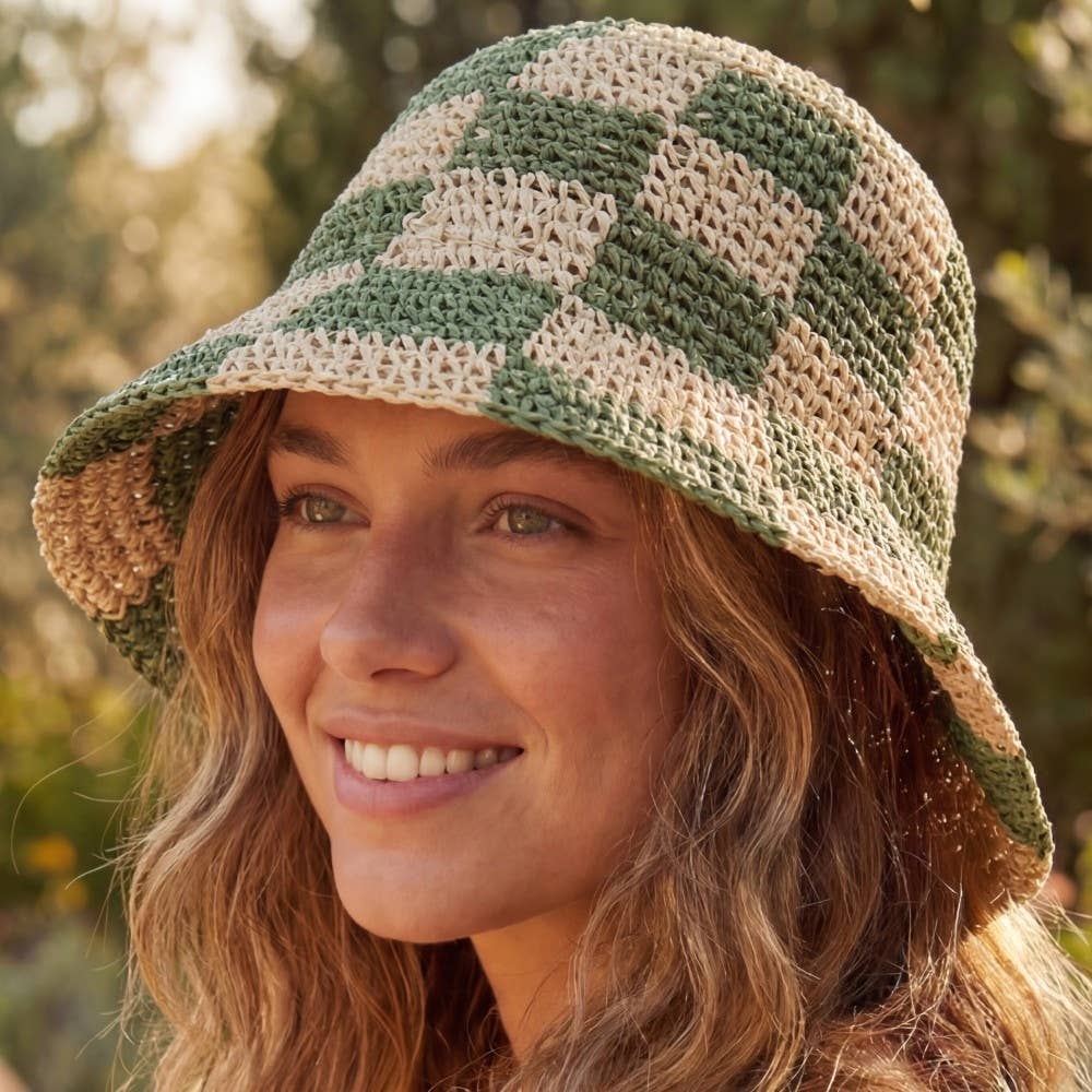 Straw Braided Checkered Bucket Hat: BW