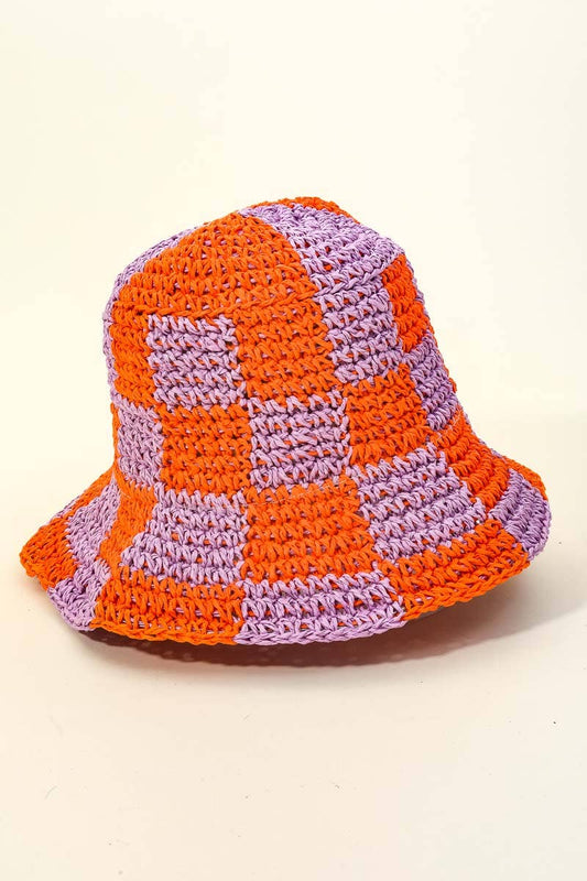 Straw Braided Checkered Bucket Hat: OR