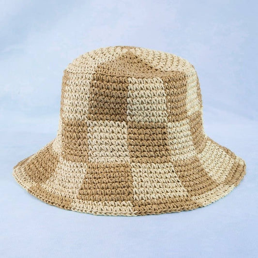 Straw Braided Checkered Bucket Hat: BE