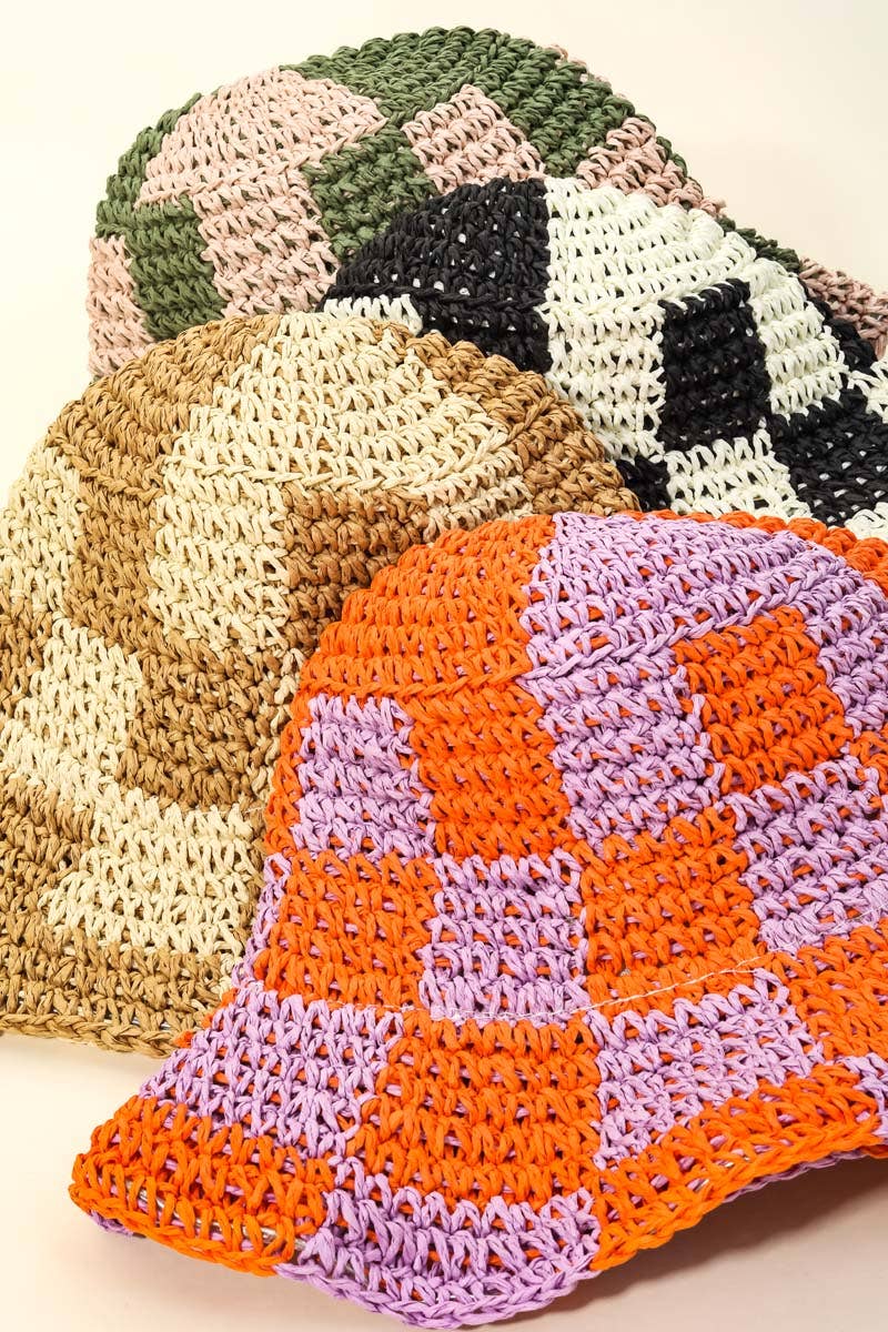 Straw Braided Checkered Bucket Hat: OR