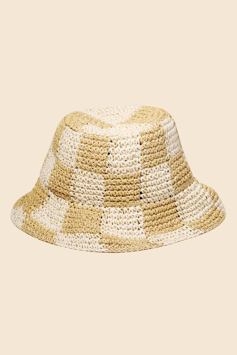 Straw Braided Checkered Bucket Hat: OR