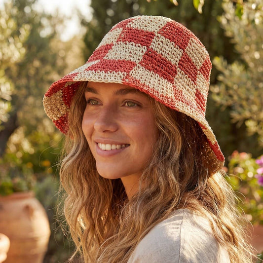 Straw Braided Checkered Bucket Hat: OR