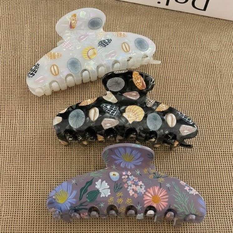 Jumbo Floral Seashell Hair Claw Clips | 40H1123: Black