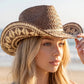 Aztec Patterned Brim Two Tone Straw Cowboy Hat: BR