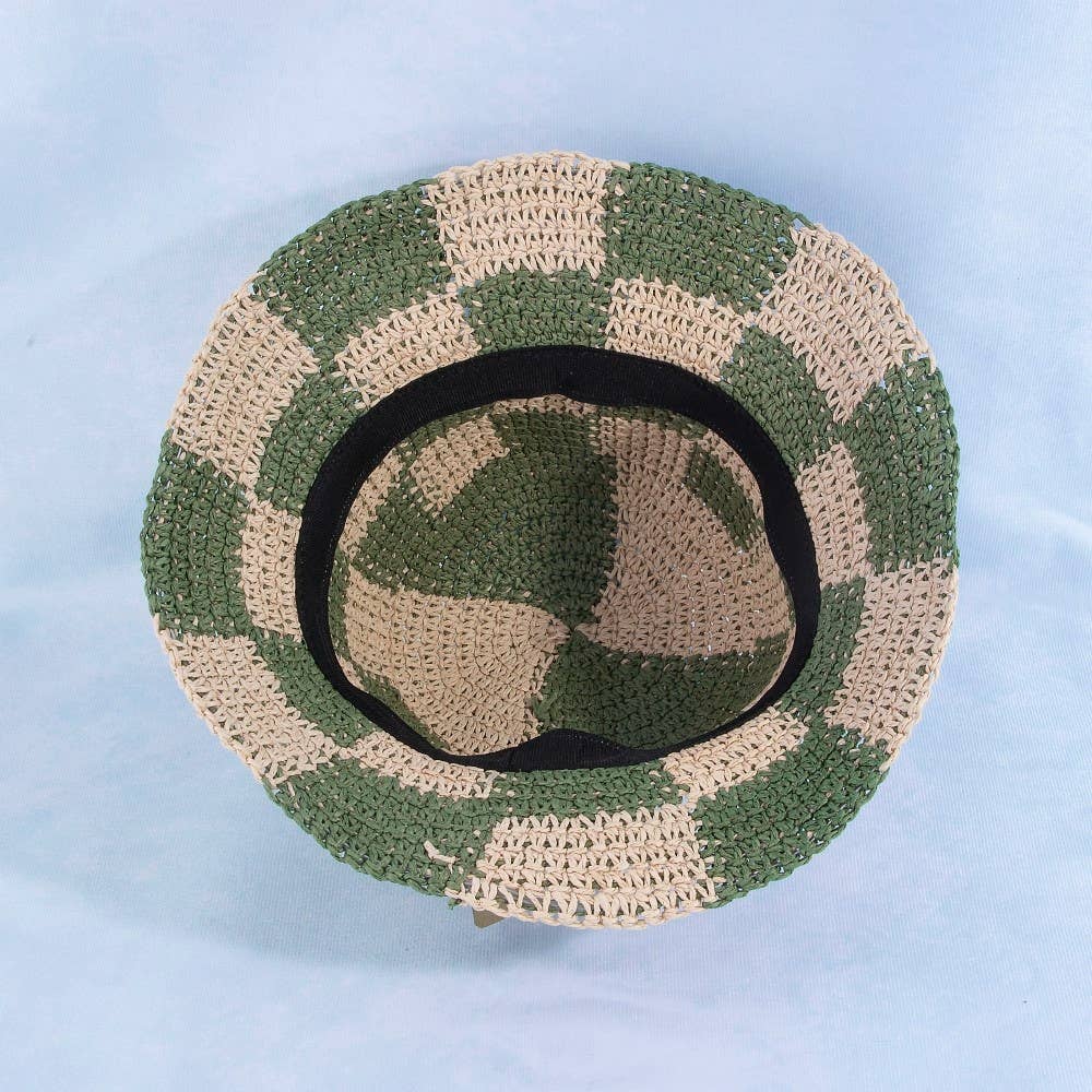 Straw Braided Checkered Bucket Hat: BE