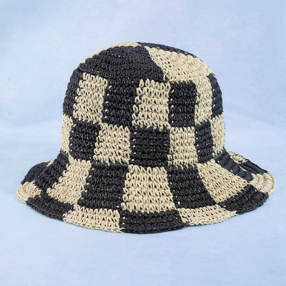 Straw Braided Checkered Bucket Hat: IV