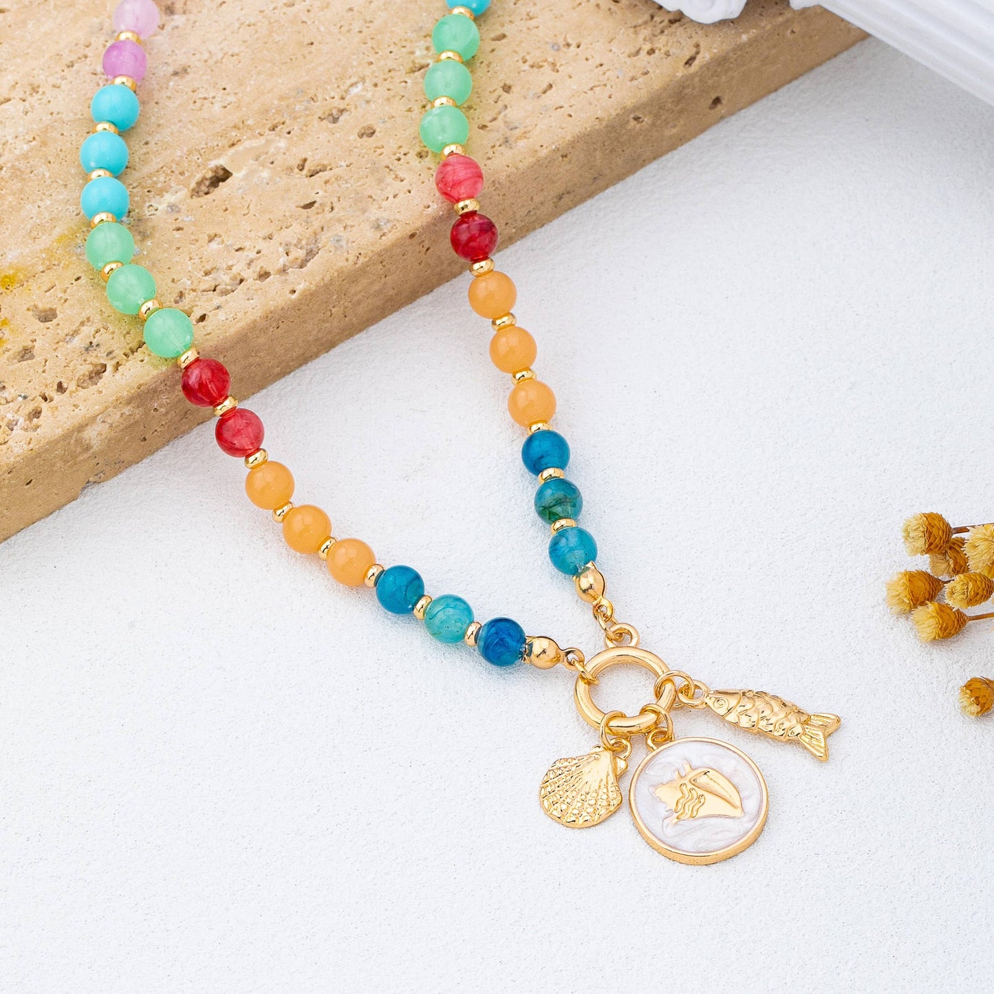 Rainbow Beaded Nautical Charm Necklace | 80N92952: Gold