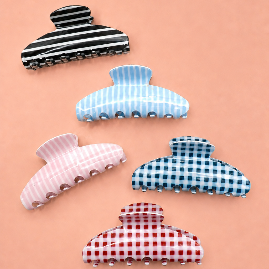 JUMBO STRIPE PLAID OVAL HAIR CLAW CLIPS | 40H1020: STRIPE BROWN