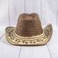 Aztec Patterned Brim Two Tone Straw Cowboy Hat: BR