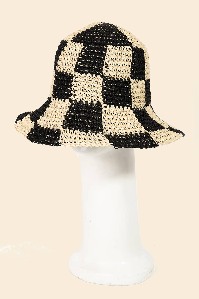 Straw Braided Checkered Bucket Hat: OR
