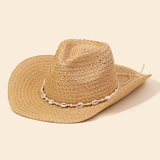 Cowrie Shell Straw Braided Cowboy Hat: KA