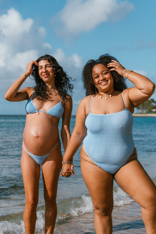 Natalie One-Piece in Orchid, worn outdoors on a LOKAL model